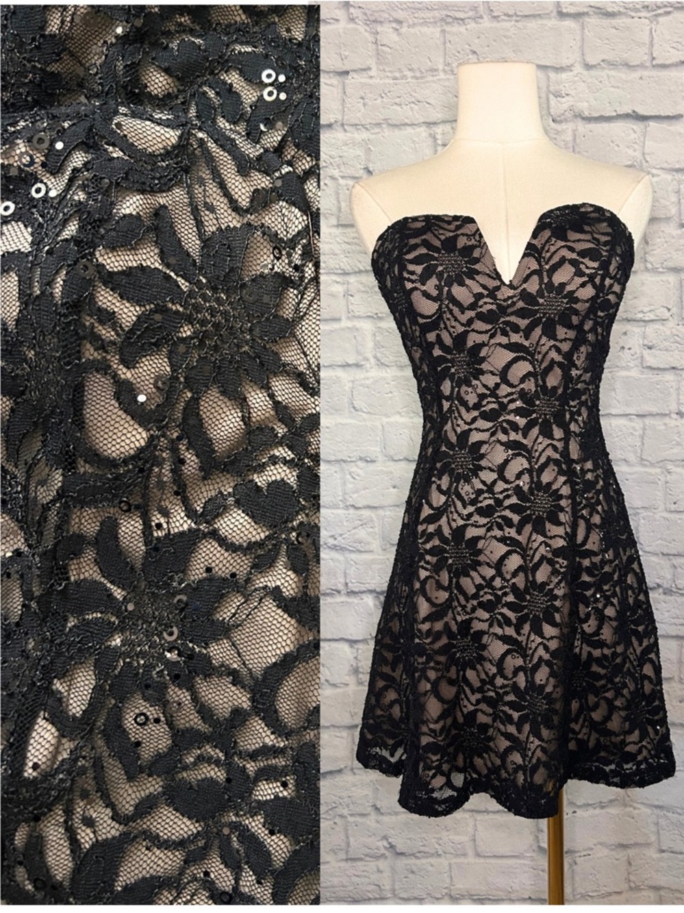 Vintage Y2K Black Lace Dress Sequin Mini Evening Strapless Cocktail Party Formal